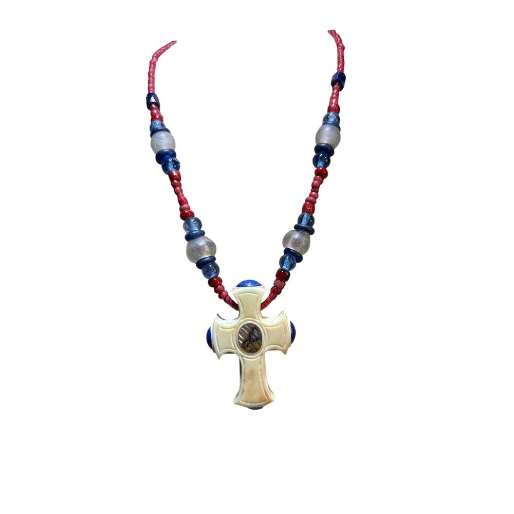 Handmade African Bone Cross Necklace Genuine Lapis Lazuli Abalone Shell Trade Gl